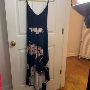 Cross back hi low blue dress with white and pink flowers